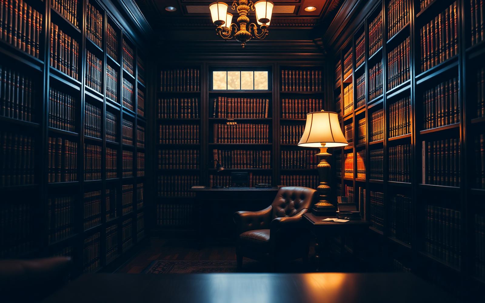 Law office library with dark wood shelves of legal volumes